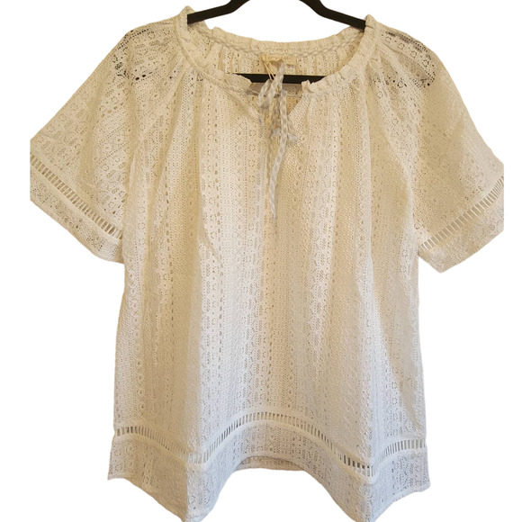 Mystree Tops - Mystree Womens Short Sleeve Cotton Blend Lace Flowing Overlay Blouse Small White